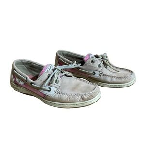 Sperry Top Slider Shoes Womens 8. Tan Leather Pink Plaid Canvas Slip On
